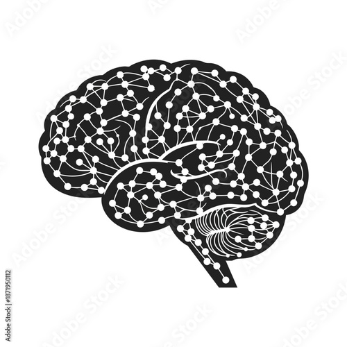 Intricate black and white illustration of a brain showcasing neural connections, perfect for educational or technological themes in neuroscience and psychology.