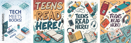 Creative teen book fair posters encouraging reading and technology exploration