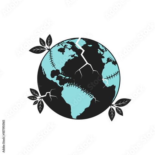 Stylized graphic representation of Earth with cracks and stitched design, surrounded by green leaves symbolizing environmental issues and the need for sustainability and care.