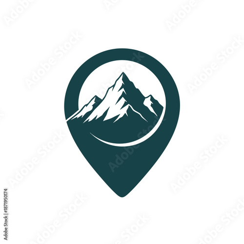 Mountain landscape enclosed in a location pin graphic, ideal for travel, adventure, and outdoor-themed designs, blending modern aesthetics with nature elements.