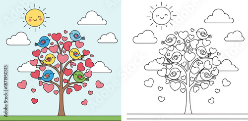 Coloring book page and colored example of cute tree with love hearts and birds. Vector illustration for kids education and Valentine's Day.