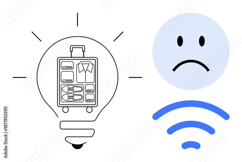 Travel challenges concept. Travel challenges illustrated with luggage organization inside a light bulb and unstable connectivity by a sad face icon and weak wireless symbol. For travel apps