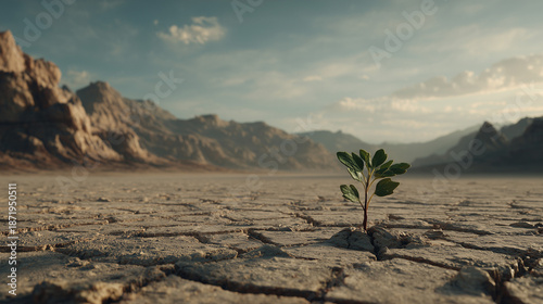 A resilient seedling growing from cracked earth, hill background, representing personal growth and transformation.
