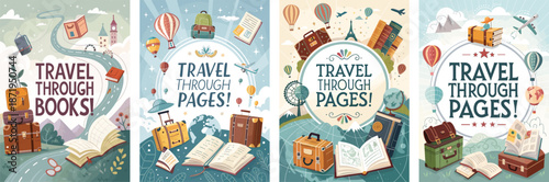 Travel through pages book fair creative poster featuring inspiring travel themed displays