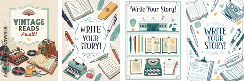 Creative writers book fair poster featuring vintage recipes and storytelling elements