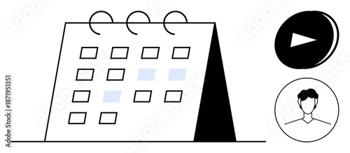 Time management, online events, user profiles, streaming services, content scheduling, organization. Desk calendar with icons including play button and user profile. Time management and online events