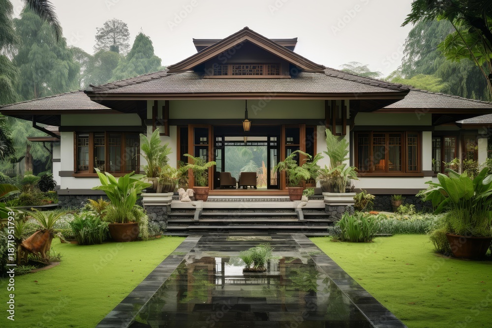 Fototapeta premium Architecture of a luxury residence featuring a lush garden and calming reflection pool