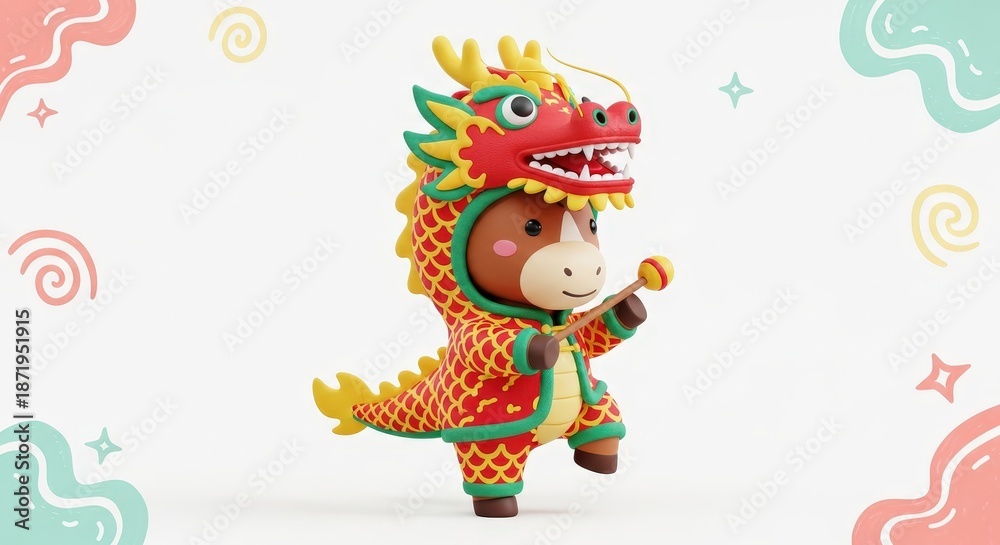 Naklejka premium Cute cartoon character in dragon costume celebrating festive occasion