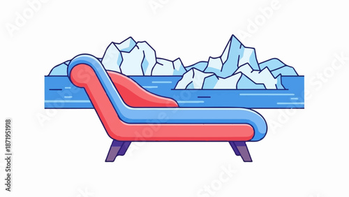 A chaise lounge sits before a backdrop of icy mountains and calm ocean