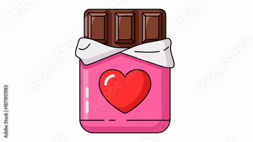 A charming cartoon chocolate bar in pink wrapper with a red heart