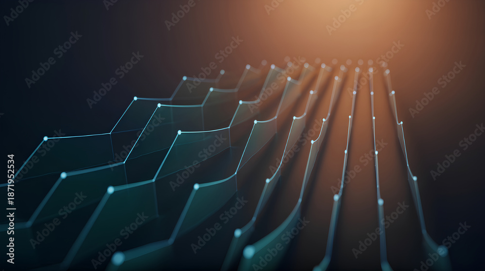 Obraz premium Teal Data Flow Network with Amber Light Corridor, Abstract Technology Background for Analytics, Fintech, and Cybersecurity