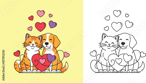 Cute cat and dog best friends sitting together with hearts, vector illustration with colorful and black and white outline for coloring book page, Valentine's day pet concept