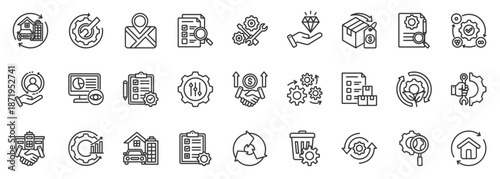 asset lifecycle icon set collection in outline style. icon pack contain asset, lifecycle, track, value, phase, service, maintain, repair, replace, audit icon