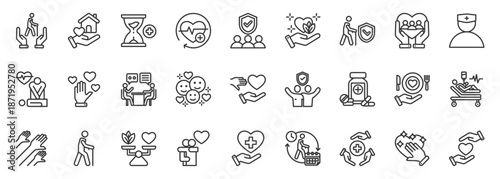 elderly care icon set collection in outline style. icon pack contain home, companion, long term, care, treatment, aid, checkup, care, smile, meal icon
