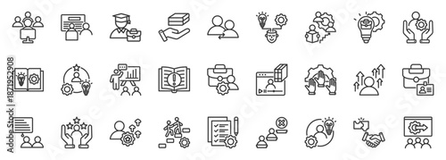 trainee icon set collection in outline style. icon pack contain Intern, associate, participant, attendee, practicant, upskill, orientation, development, on the job, learn skill icon