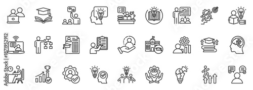 tutoring icon set collection in outline style. icon pack contain mentor, coach, guidance, teacher, lesson, study, learning, education, academic, knowledge icon