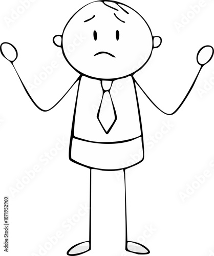 Sad Stick Figure Businessman Character Standing and Shrugging, Expressing Disappointment and Helplessness, Isolated White Background