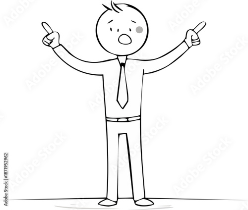 Surprised Stick Figure Businessman Character Standing and Pointing Outwards with Both Hands, Isolated White Background