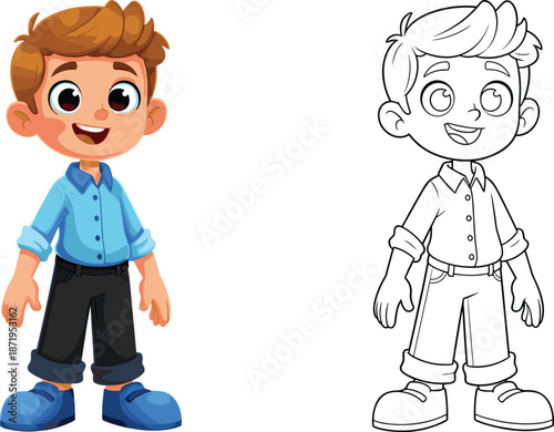 Cute cartoon boy character with smiling expression and matching black-and-white coloring page for children’s activities and learning