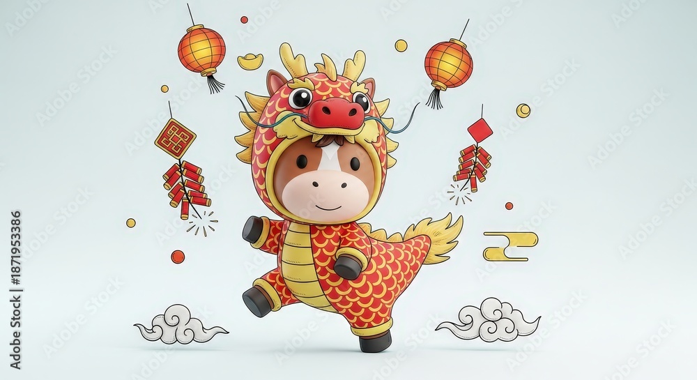 Fototapeta premium Cute Character in Dragon Costume Celebrating Festival with Lanterns and Fireworks