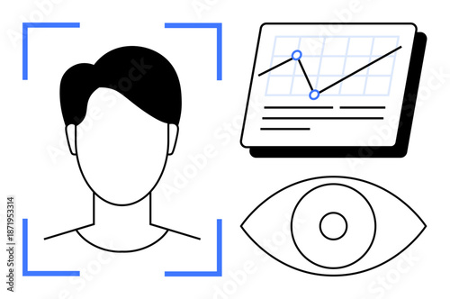 Person face outline with scanning frame, statistical graph, and an eye icon representing data analysis, tracking, and recognition. Ideal for technology, AI, security, monitoring biometrics
