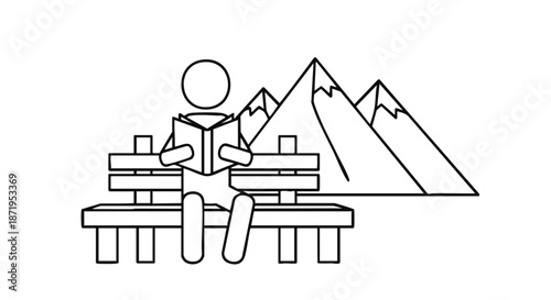 This clean line art illustration features a stick figure person quietly reading a book on a bench, enjoying tranquil solitude against a mountain backdrop.