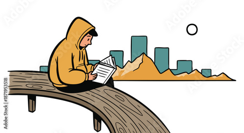 A person wearing a hooded sweatshirt reads a book while sitting on a wooden bench with a cityscape and mountains in the background.