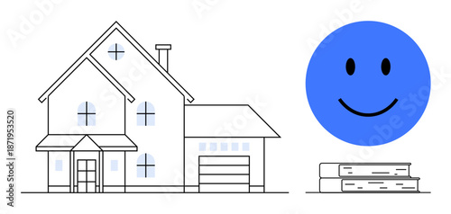 Home concept. Minimalist design of a house, a blue happy face, and books home, happiness, and learning. Home, learning, and happiness for education real estate family lifestyle