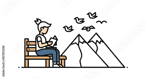 A person finds peace and inspiration while reading a book on a park bench with mountains and birds overhead.