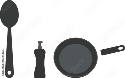 Minimalist kitchen tools vector illustration featuring spoon, dish soap bottle, frying pan with handle, clean cooking concept, modern design