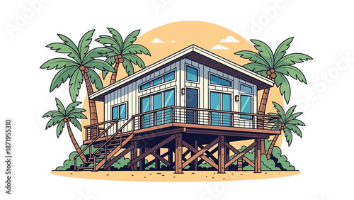 A colorful beach hut with a wooden deck and stairs surrounded by palm trees against a sunset background.