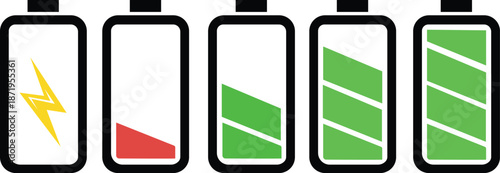 Charging icon. Battery charge vector set. Charging empty battery to full sign. Low power level recharge to full. Isolated battery set.