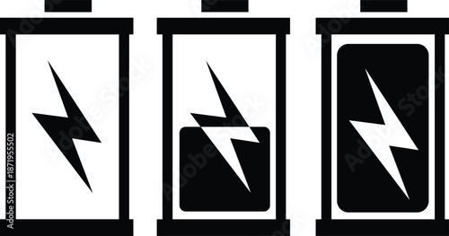 Charging icon. Battery charge vector set. Charging empty battery to full sign. Low power level recharge to full. Isolated battery set.