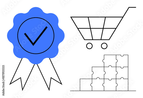 E-commerce concept. E-commerce symbols including a badge for quality assurance, shopping cart, and puzzle pieces for strategic planning. E-commerce for quality services, strategies, branding