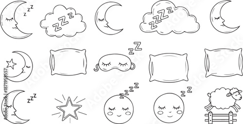 Sleep and sweet dreams vector set with sleeping moon stars fluffy pillows eye mask and sheep jumping over fence hand drawn doodle icons for bedtime relaxation and nursery design