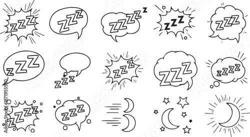 Sleep zzz icons and snoring sound effects set with night moon and stars comic speech bubbles vector hand drawn doodle elements for bedtime and relaxation design