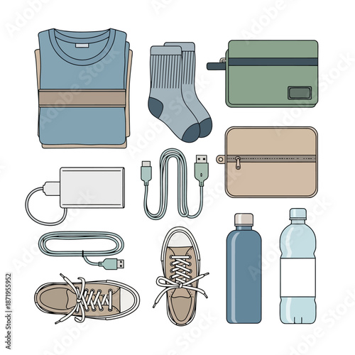 Flat Lay Illustration of Travel Essentials and Everyday Items Collection