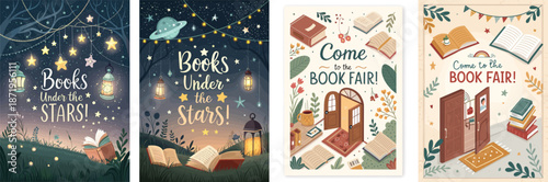 Creative open house book fair poster designs featuring festive lights and floral arrangements
