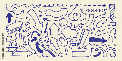 Set of various thick and thin arrows and pointers. Doodle direction markers for playful design. Scribble navigation elements. Vector design