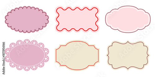 Set of elegant labels, tags and frames with scalloped edges, wavy lines and lace decor. Ornate empty templates for invitation and card design. Feminine vector borders