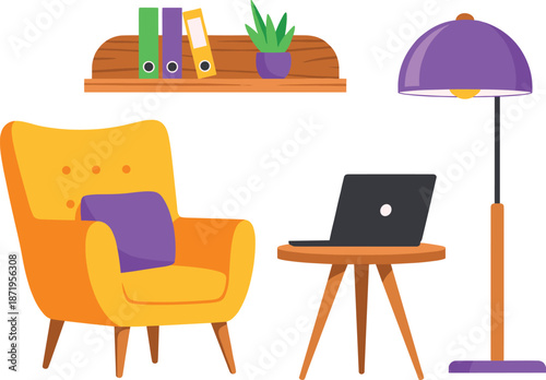 Cozy home office interior with armchair, laptop table, bookshelf, plant, and floor lamp in modern flat design