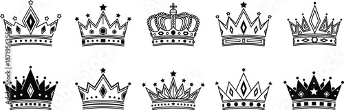 Collection of black and white decorative crown illustrations with vintage royal designs, perfect for logos, tattoos, and graphic design