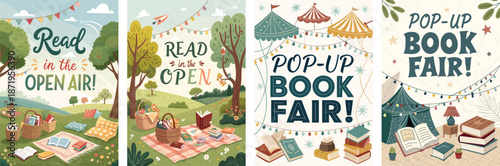 Creative pop-up book fair posters featuring whimsical nature and reading themes