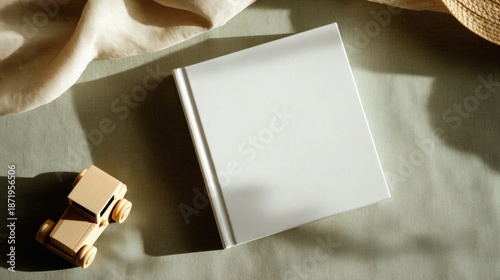 Square children's book mockup with wooden toy car and soft fabrics
