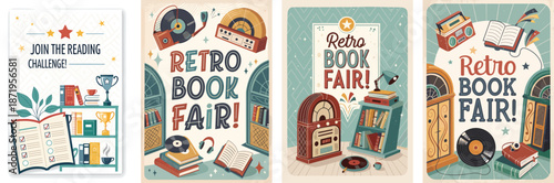 Charming retro book fair posters with vintage vibes and creative typography design