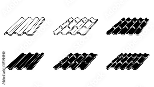 Collection of corrugated roofing materials, highlighting their varied textures and patterns in an illustrative style