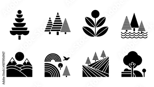 Collection of stylized vector icons representing natural landscapes, trees, mountains, and water elements for graphic design