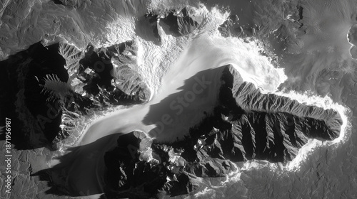 Black-and-white satellite image of a newborn island glowing with geothermal energy in glacial waters.
