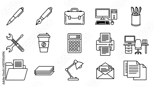 Collection of Office Supplies and Business Icons for Professional and Productivity Themed Designs