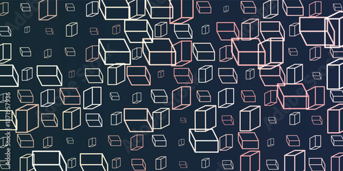 A vibrant abstract pattern of layers of repeating 3D cubes in pink, white and grey placed on a dark blue background. The bold geometric design and contrasting colors create a striking modern visual.